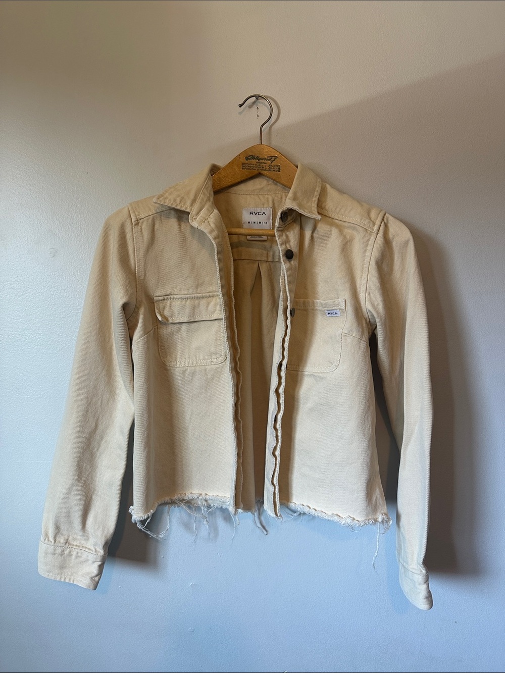RVCA Denim Jacket Size M Butter Yellow Cropped Raw Hem Casual Skater Hipster